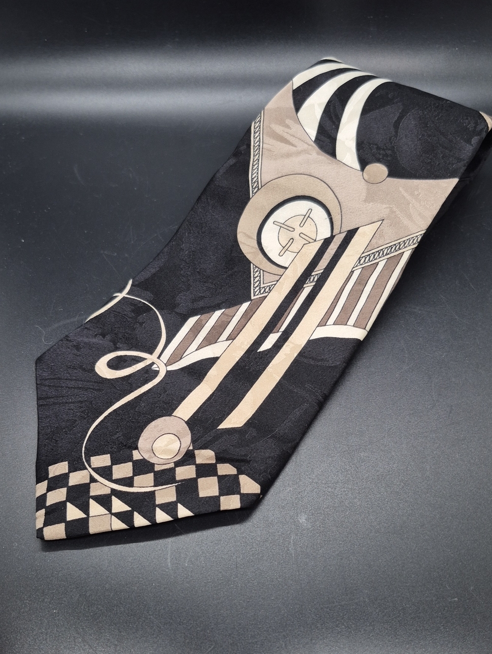 Bica-Uomo Men's Black & Beige & Brown Geometric Patterned Silk Tie